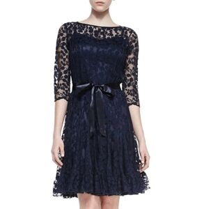 Teri Jon rickie Freeman Elegant Blue Lace Cocktail Dress with 3/4 Sleeves Size 8